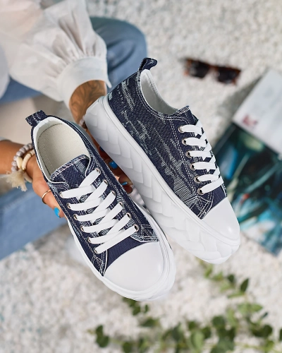 Royalfashion Navy blue women's denim sneakers with rubbed Nerolera