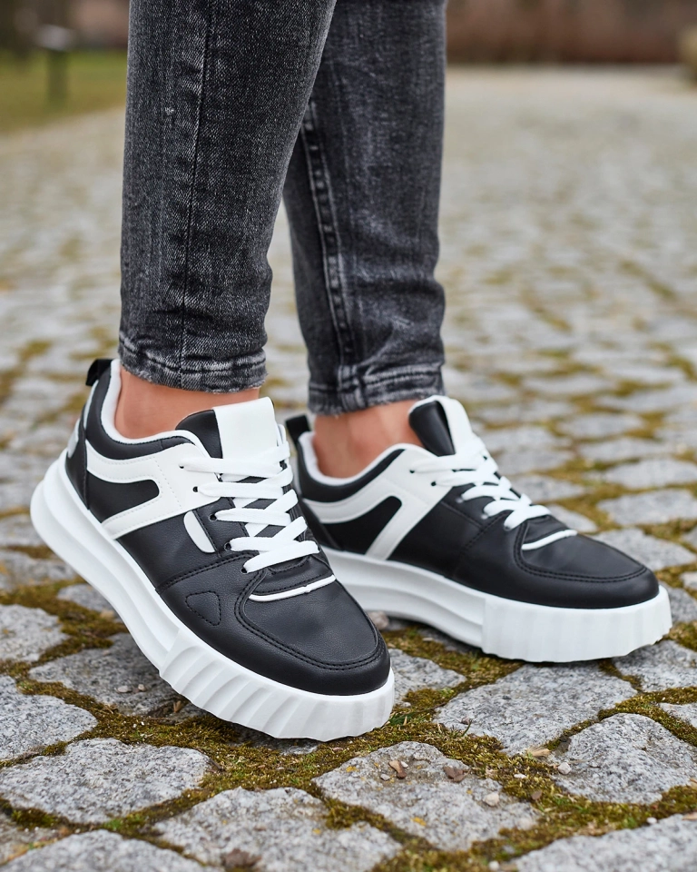 Eko ādas sieviešu melni sporta apavi ar baltiem ielaidumiem Netiris - Apavi