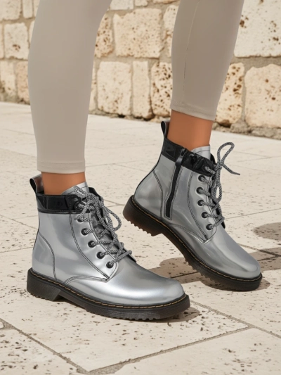 Women's Silver Celestina Eco Patent Leather Ankle Boots with Zipper