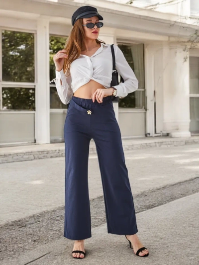 Royalfashion Kokvilnas plata sieviešu bikses ar jostas līdzīgu rotājumu