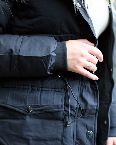 Black Women's Long Winter Jacket with Synthetic Insulation - Clothing