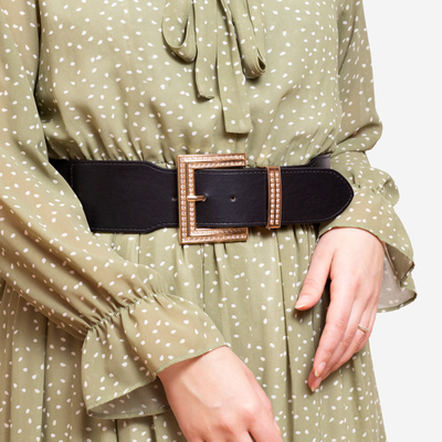 Black women's wide belt with large gold buckle with zircons - Accessories