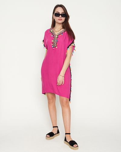 Женская летняя пляжная туника розового цвета с бахромой - Одежда