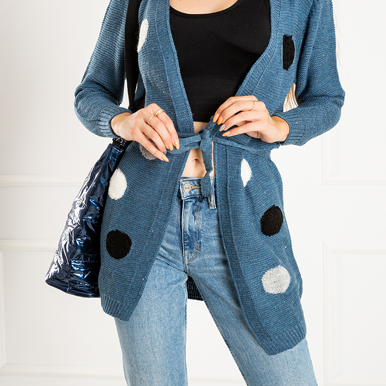 Dark blue ladies knotted cardigan with colored circles - Clothing