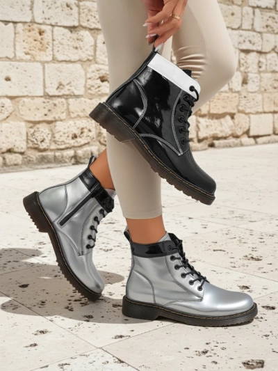 Women's Silver Celestina Eco Patent Leather Ankle Boots with Zipper