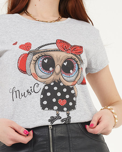 Women's gray t-shirt with an owl print - Clothing