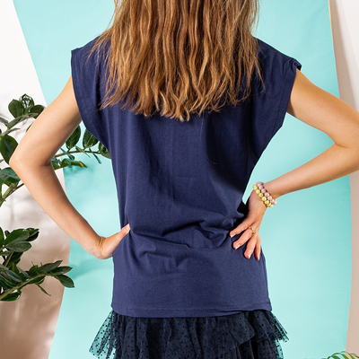 Navy blue women's cotton t-shirt with print - Clothing