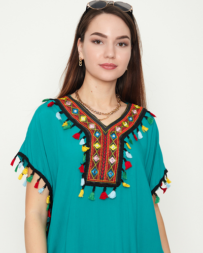 Women's green summer beach tunic with fringes - Clothing
