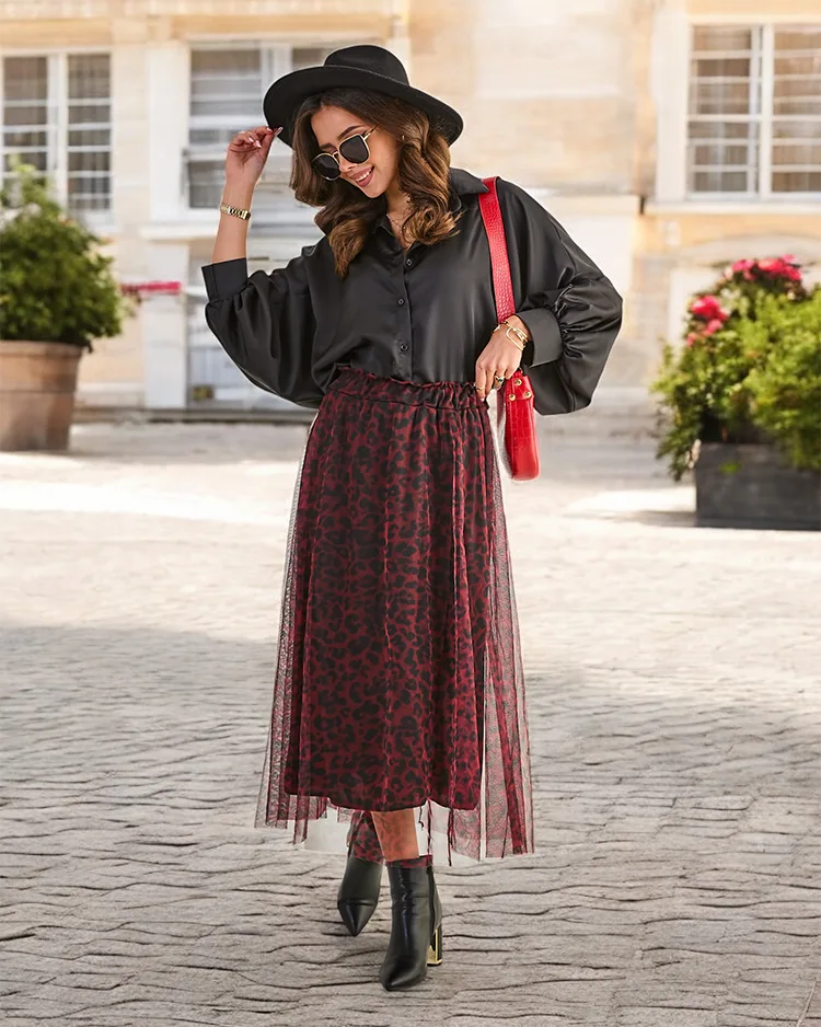 Royalfashion Rakstains sieviešu vidējais svārki ar tulle