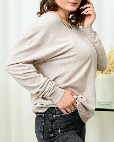 Royalfashion Beige-gray women's sweater with a heart neckline