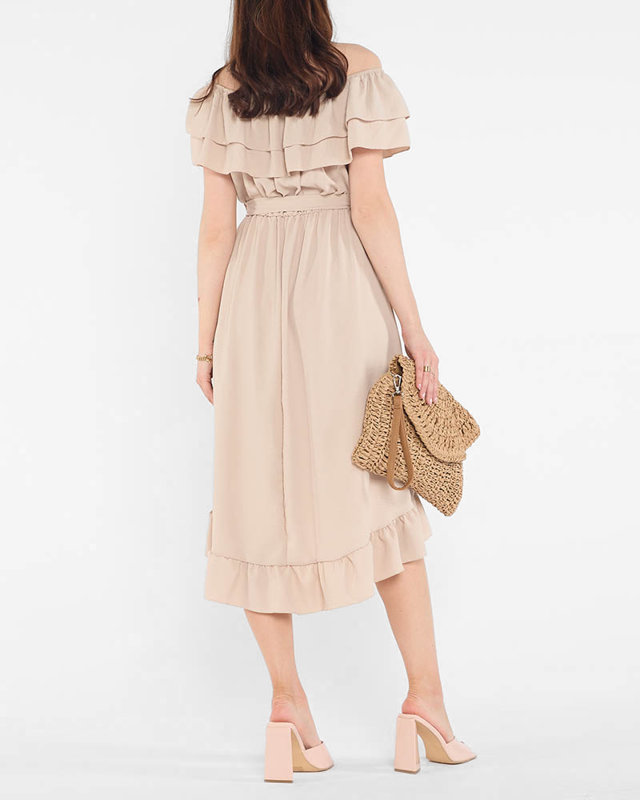 Beige ladies dress with frills - Clothing