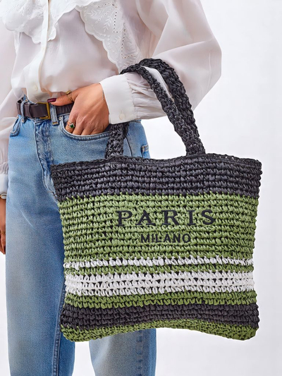 Large Parisian-striped straw women's bag