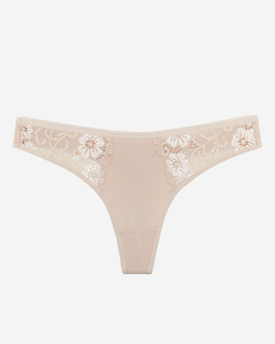 Women's beige cotton thong with decorative lace - Underwear