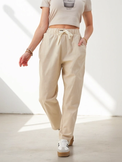 Royalfashion kokvilnas taisnas sieviešu bikses ar jostu viduklī