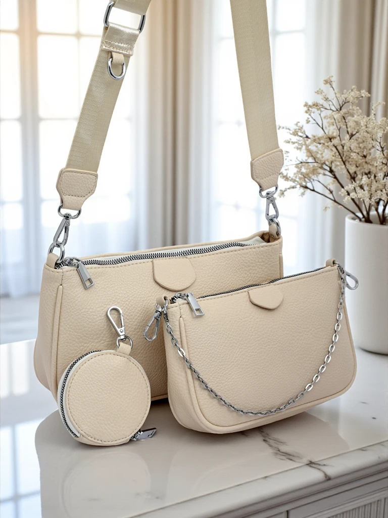 Perseida Multi Beige Leather Handbag with Chain and Pouch