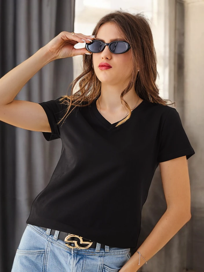 Royalfashion Sieviešu kokvilnas ikdienas T-krekls ar V-veida kakla izgriezumu