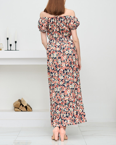 Long navy blue women's dress with coral flowers - Clothing