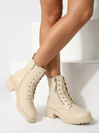 Royalfashion Beige eco leather women's Seddaga bagger boots