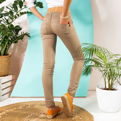 Ladies' beige low-waisted fabric trousers - Clothing