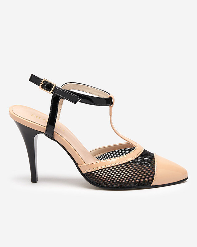 Beige and black women's sandals on a high heel with covered fingers Niddl- Footwear