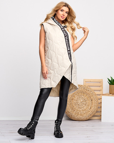 Бежевый длинный стеганый жилет с принтом