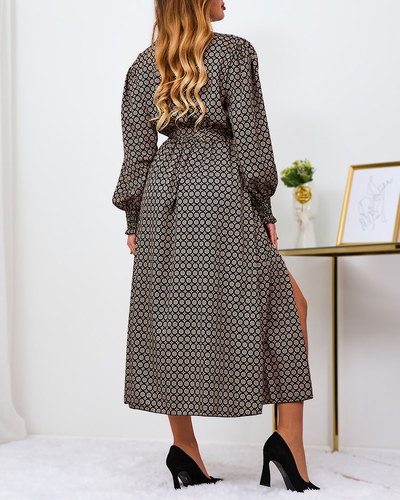 Royalfashion Bēšas un melnas krāsas rakstaina sieviešu maxi kleita
