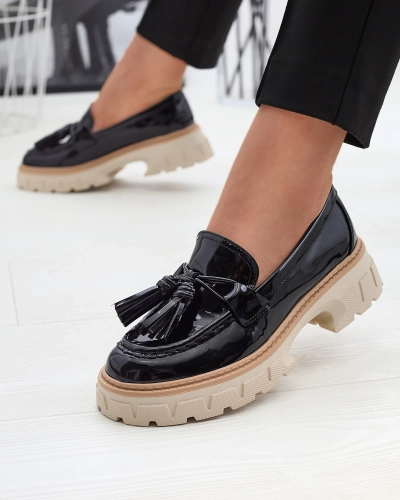 Black lacquered women's moccasins with tassels Kaipo- Footwear
