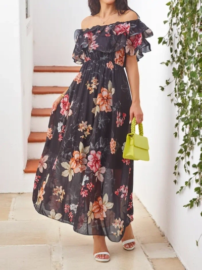 Royalfashion Sieviešu kleita bez plecu siksnām ar īsām piedurknēm dažādos ziedu rakstos