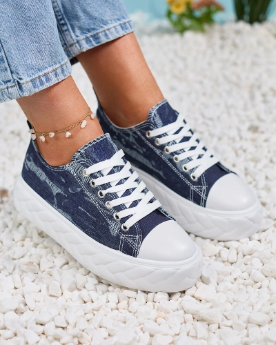 Royalfashion Navy blue women's denim sneakers with rubbed Nerolera