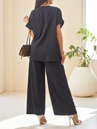 Royalfashion Sieviešu kokvilnas komplekts ar īsām piedurknēm un plašām biksēm