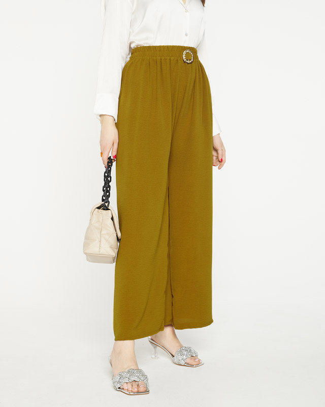 Women's wide palazzo trousers with olive-colored decoration - Clothing