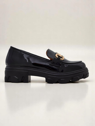 Royalfashion Patent Leather Women's Loafers with Decoration Black Velvet