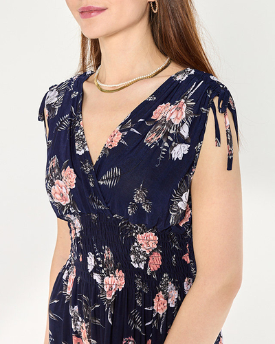 Navy blue women's maxi dress with flowers - Clothing