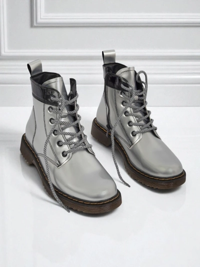 Women's Silver Celestina Eco Patent Leather Ankle Boots with Zipper