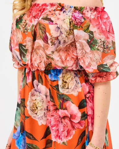 Orange women's long dress with floral lining - Clothing