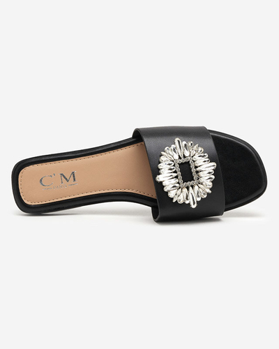 Black women's slippers with a silver ornament - Footwear