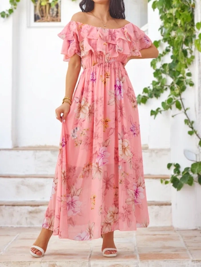 Royalfashion Women's off-the-shoulder dress with short sleeves in assorted flowers