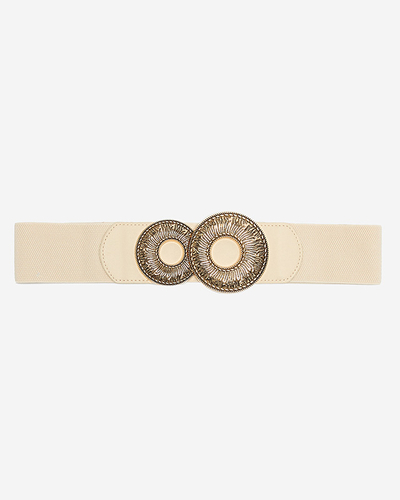 Beige elastic belt with a large golden buckle - Accessories