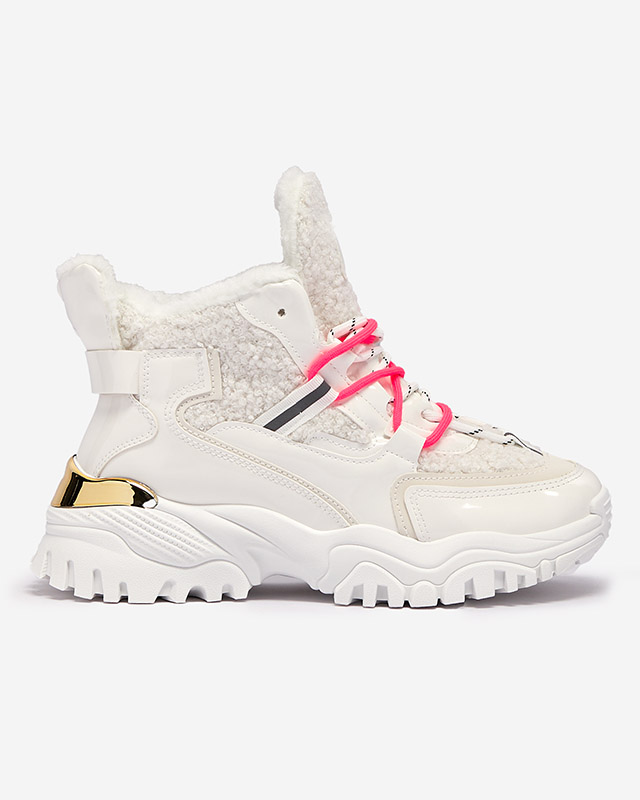 Baltas sieviešu sporta kurpes ar kažokādu un neona rozā šņorēm Sagglo- Footwear