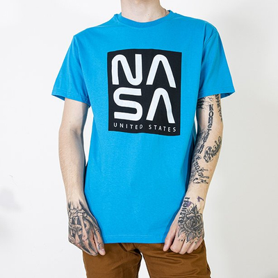 Turquoise cotton T-shirt for men with the inscription - Clothing