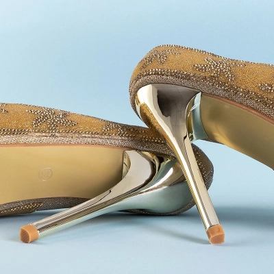 OUTLET Gold brocade women's stilettos with zircons Yilla - Footwear