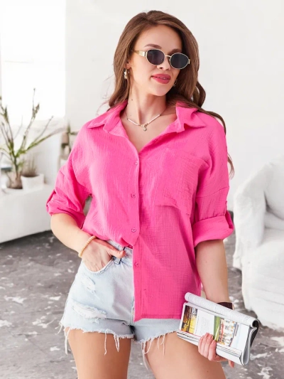 Royalfashion Cotton women's shirt with embossing, V-neck, and 3/4 sleeves