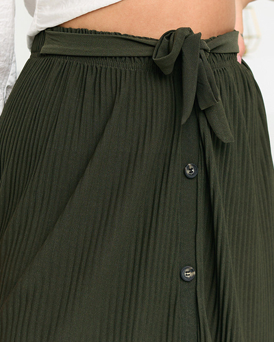 Women's Green Pleated Midi Skirt with Buttons - Footwear