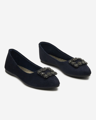 Navy blue women's eco-suede ballerinas with Linselisa ornament - Shoes