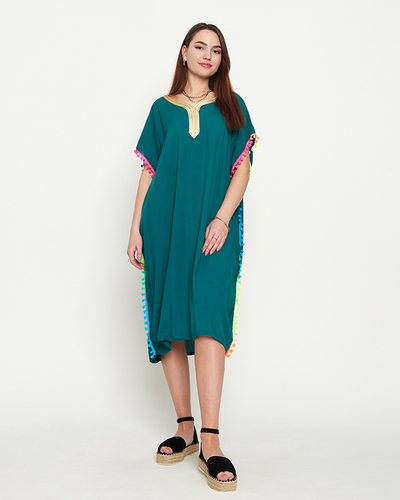 Dark green women's summer beach tunic with pompoms - Clothing