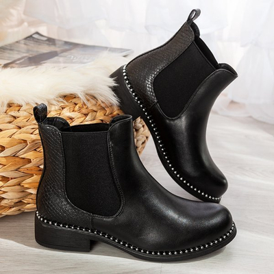 Czarne botki ze wzorem a'la skóra węża Faviae - Obuwie