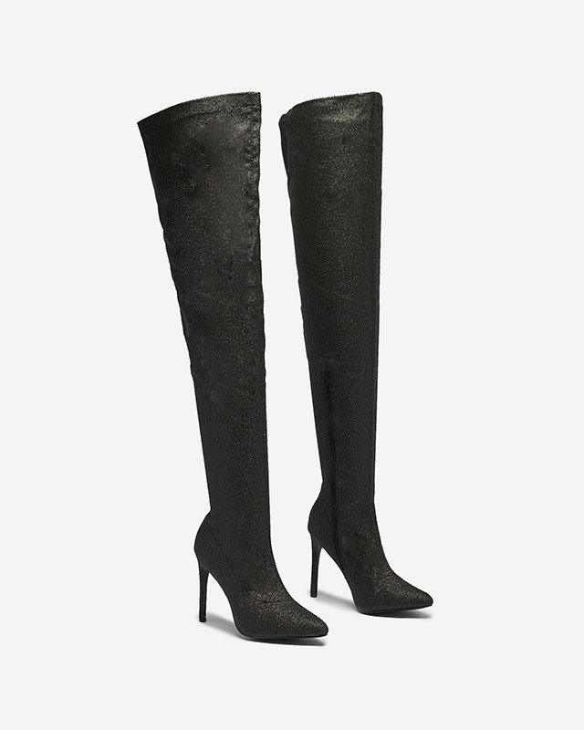 OUTLET Black women's over-the-knee boots with glitter Qesda- Footwear