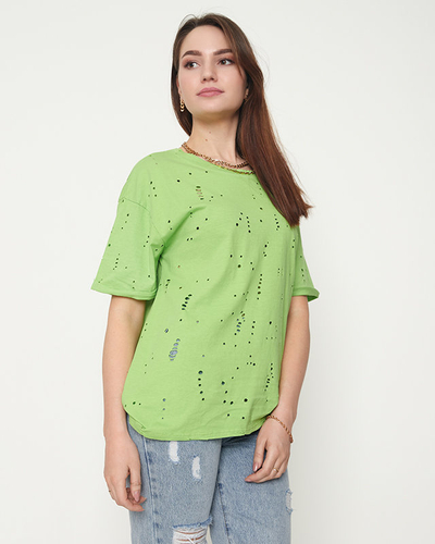 Green cotton women's t-shirt with decorative holes - Clothing