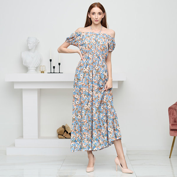 Long orange summer dress for women with blue flowers - Clothing