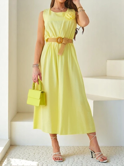 Royalfashion Women's midi dress with straps, featuring a round neckline and decorative flower